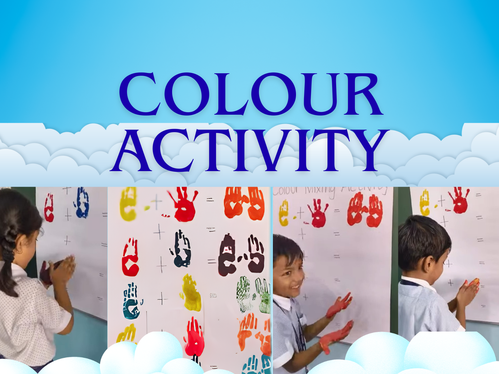 Children mixing two paint colours with their palms during a classroom activity